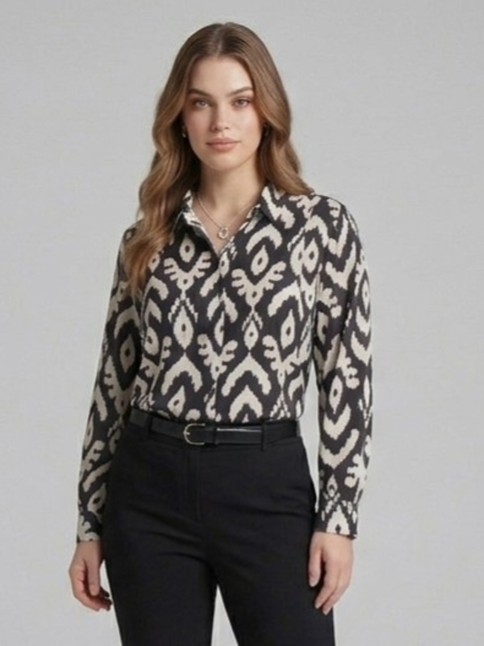 MANGO Black White Button Up Blouse Shirt L Ikat Geometric Boho Workwear Classic